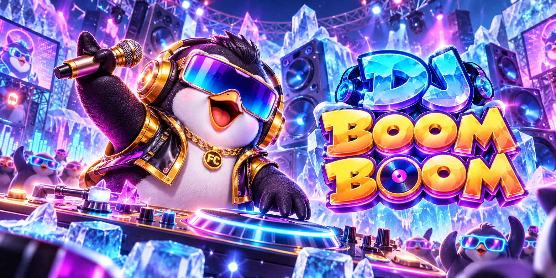 FC DJ Boom Boom promotional artwork with a penguin DJ, neon concert stage and game title