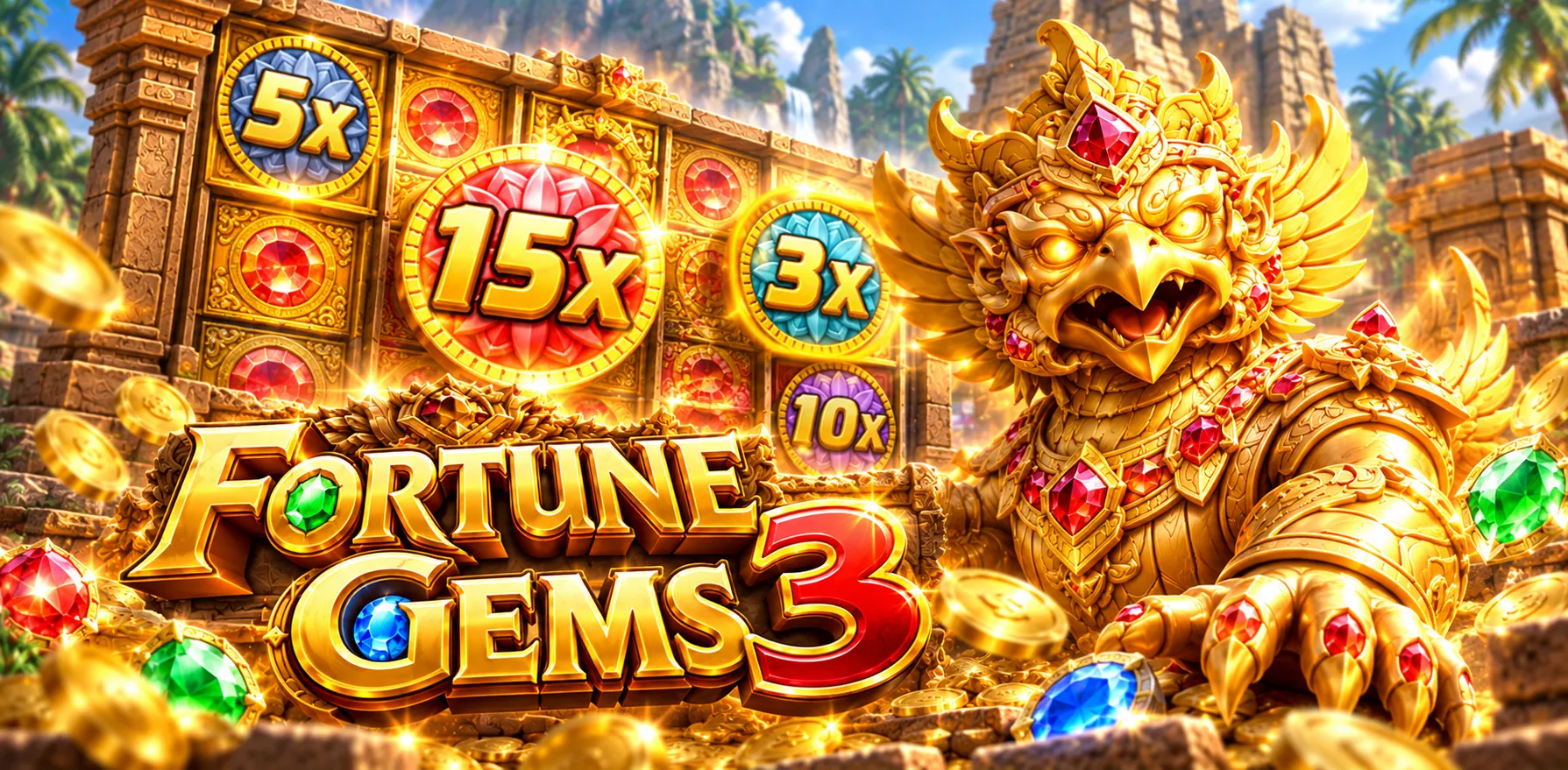 Fortune Gems 3 golden bird guardian, colored gemstones, temple scene and multiplier symbols