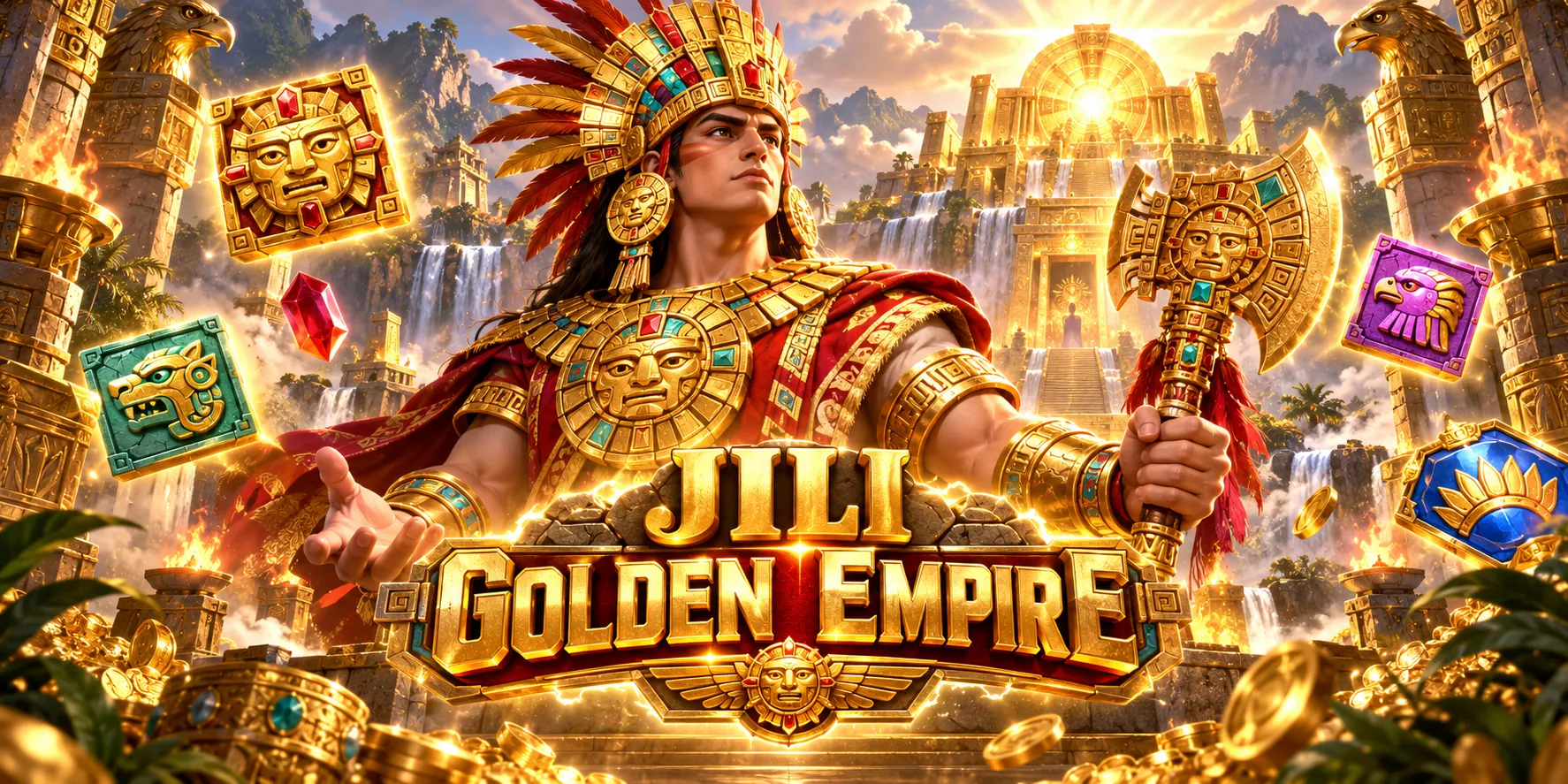 JILI Golden Empire promotional artwork with the ruler, golden temple and game title