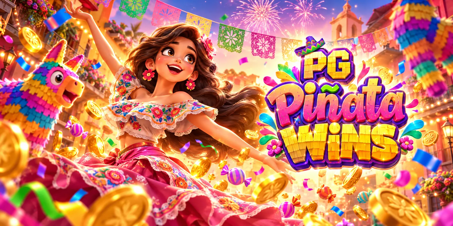 PG Piñata Wins promotional artwork with a festival heroine, piñatas and game title