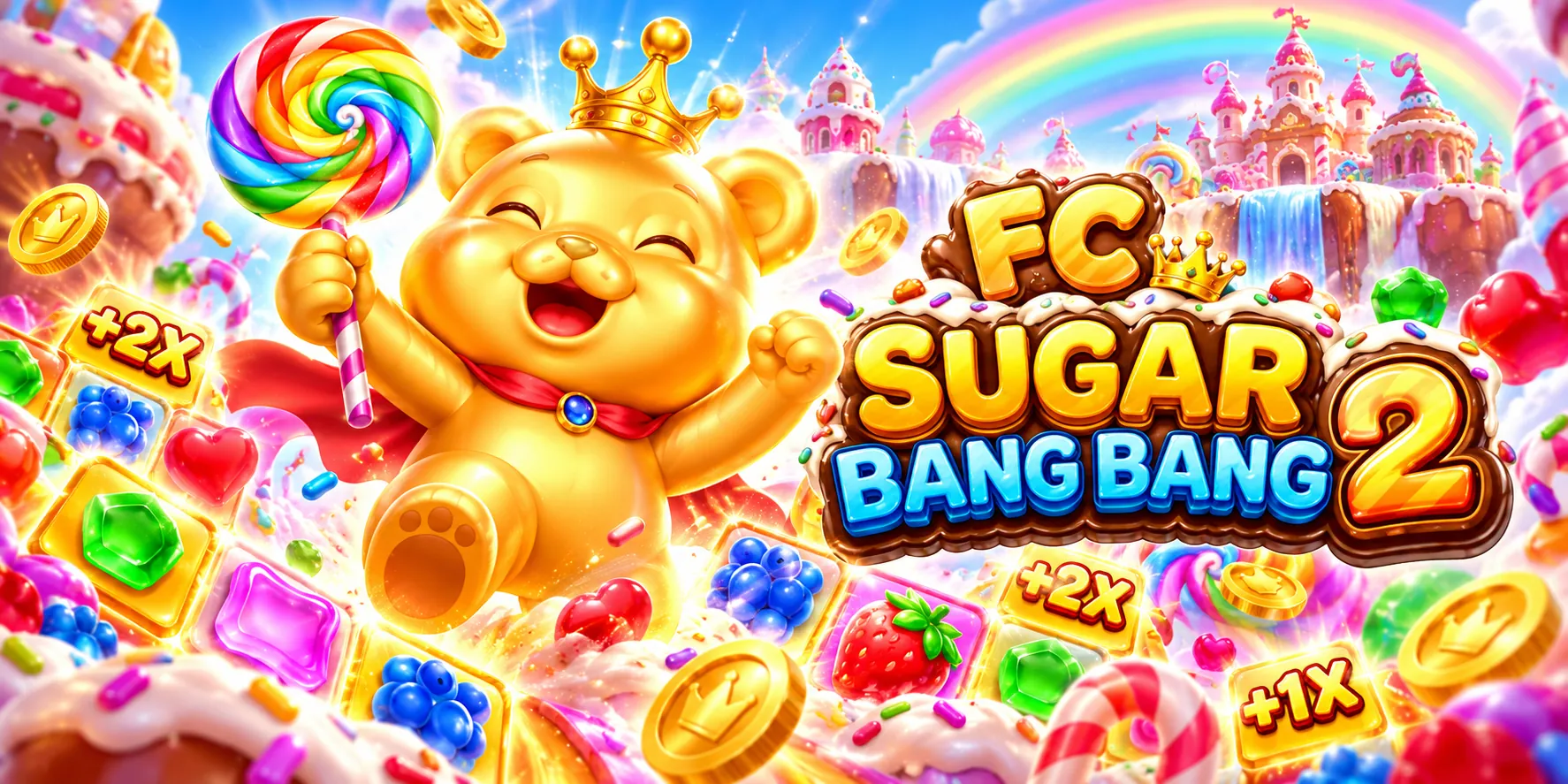 FC Sugar Bang Bang 2 promotional artwork with a crowned golden bear, candy world and game title