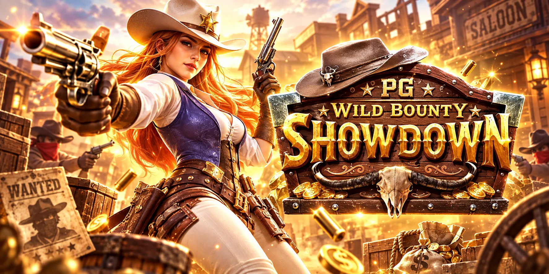 PG Wild Bounty Showdown promotional artwork with the Western heroine and game title