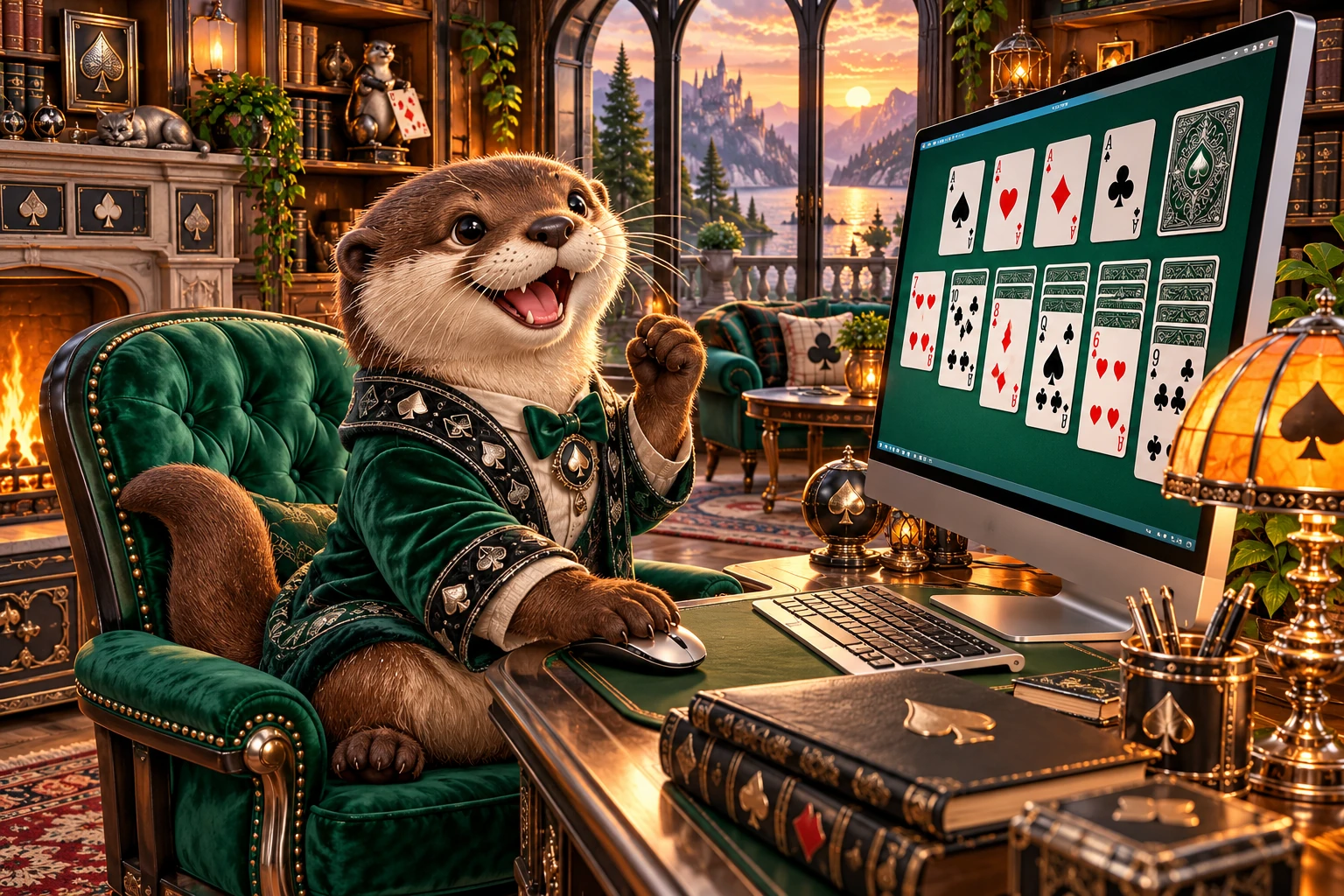 An otter interacting with a suit-based card game on a desktop computer.