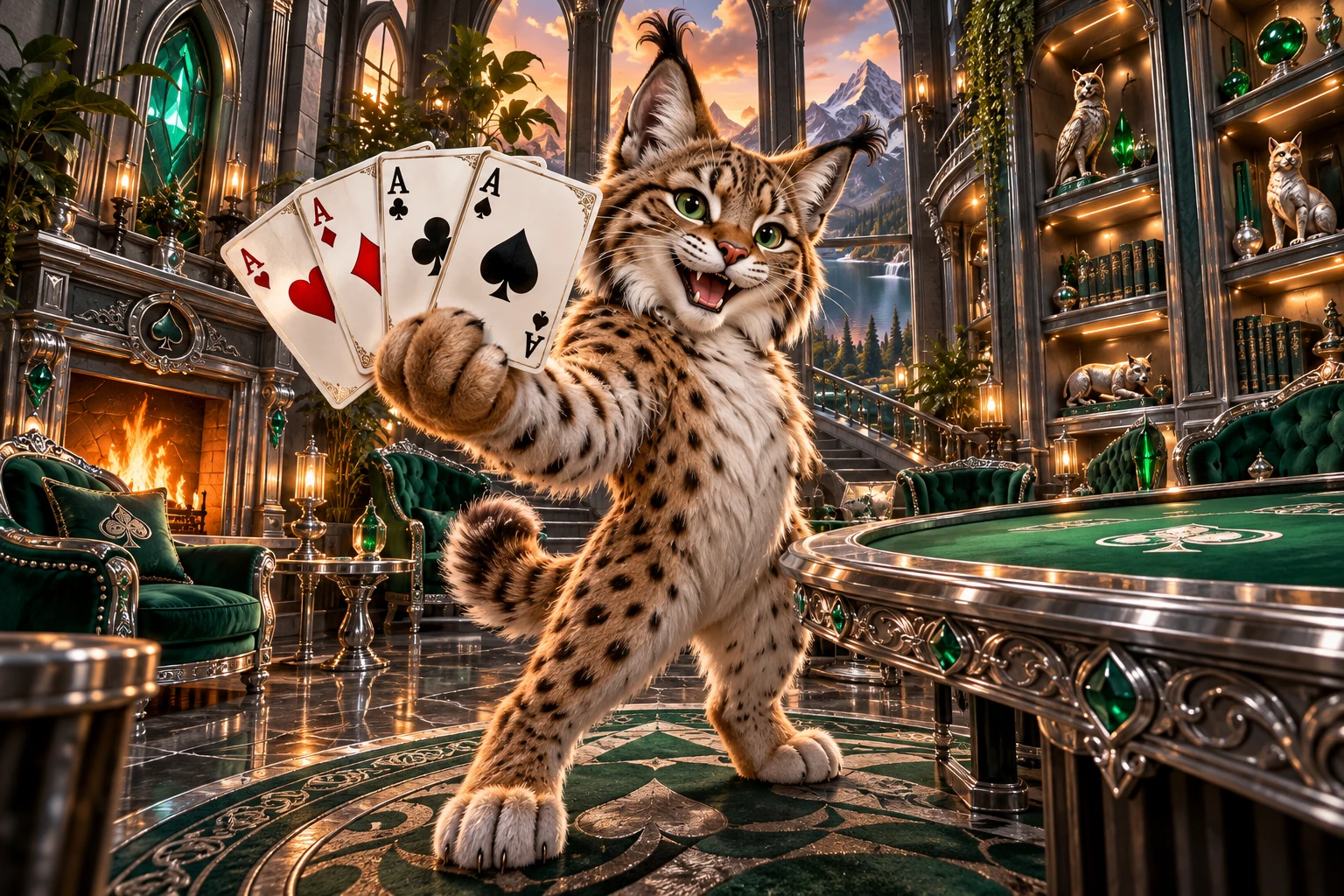 A cute lynx revealing a hand of playing cards with clear suit symbols.