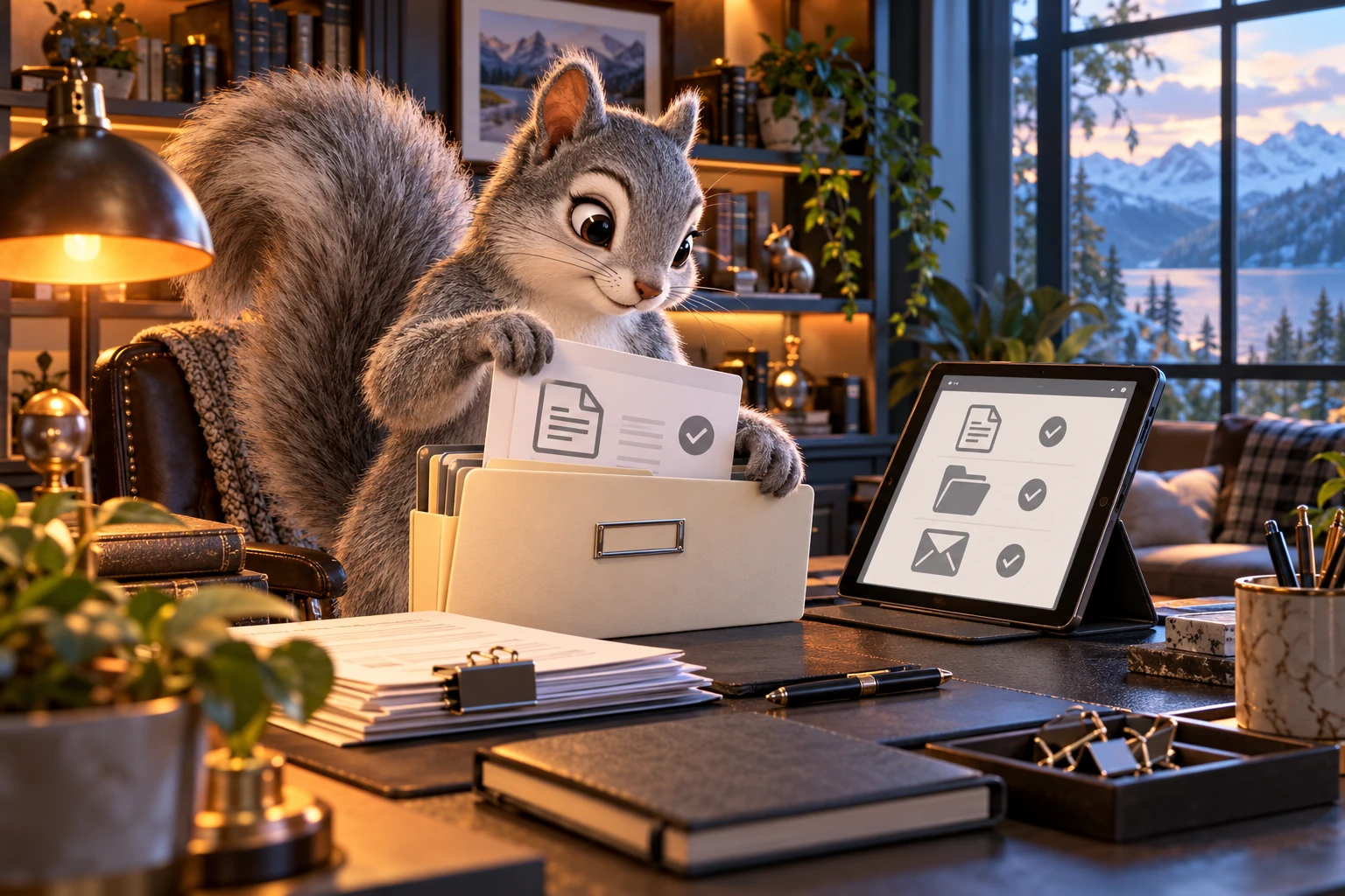 A squirrel organizes support details and an abstract receipt.