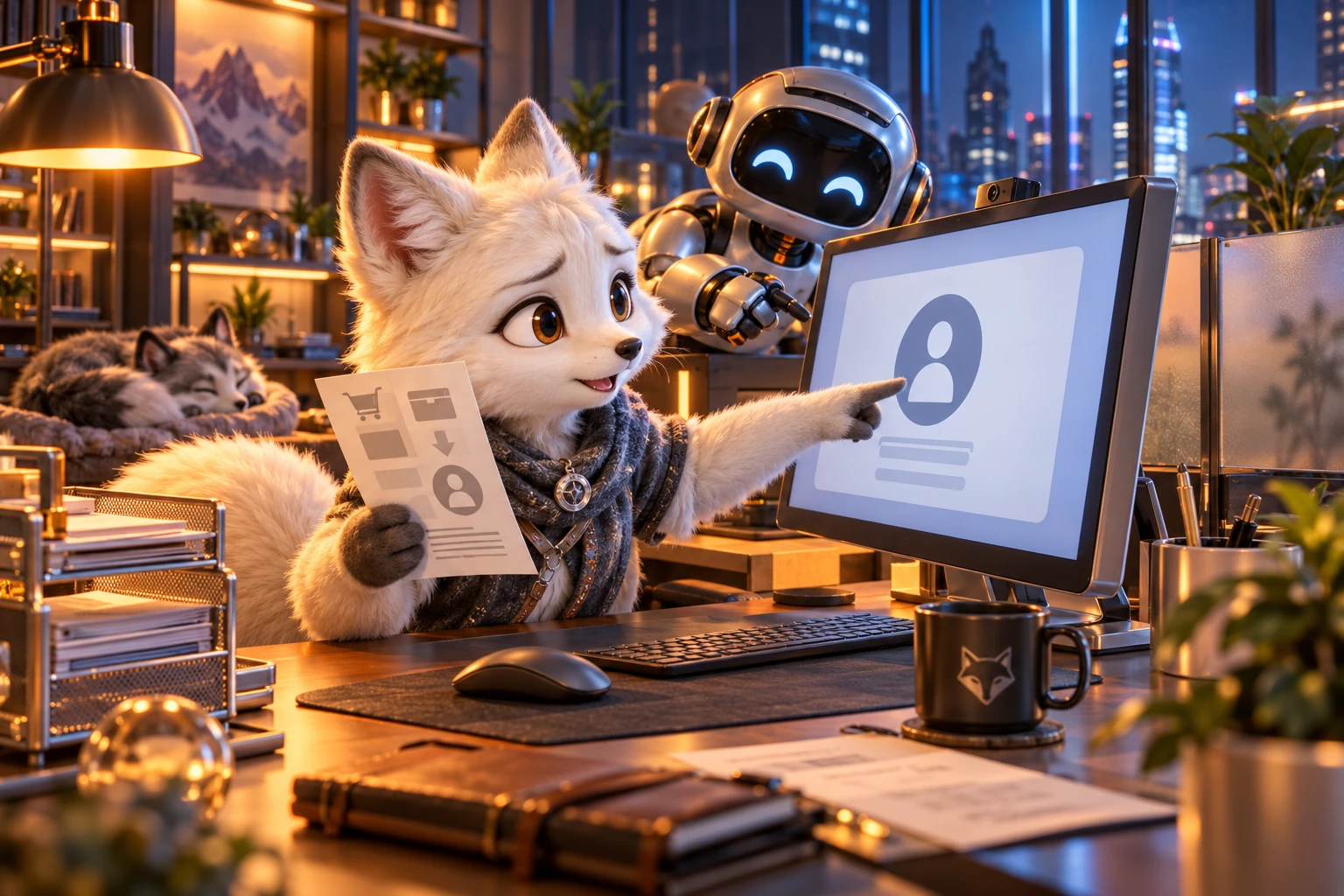 A fox seeks account and transaction help at a desktop.