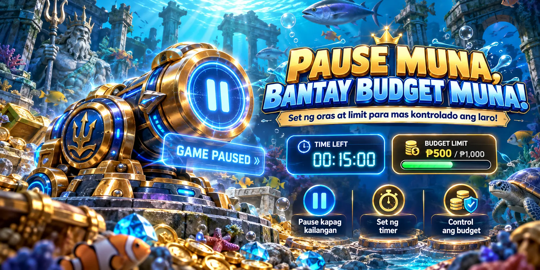 PAUSE MUNA, BANTAY BUDGET MUNA: paused fishing cannon, timer and budget controls