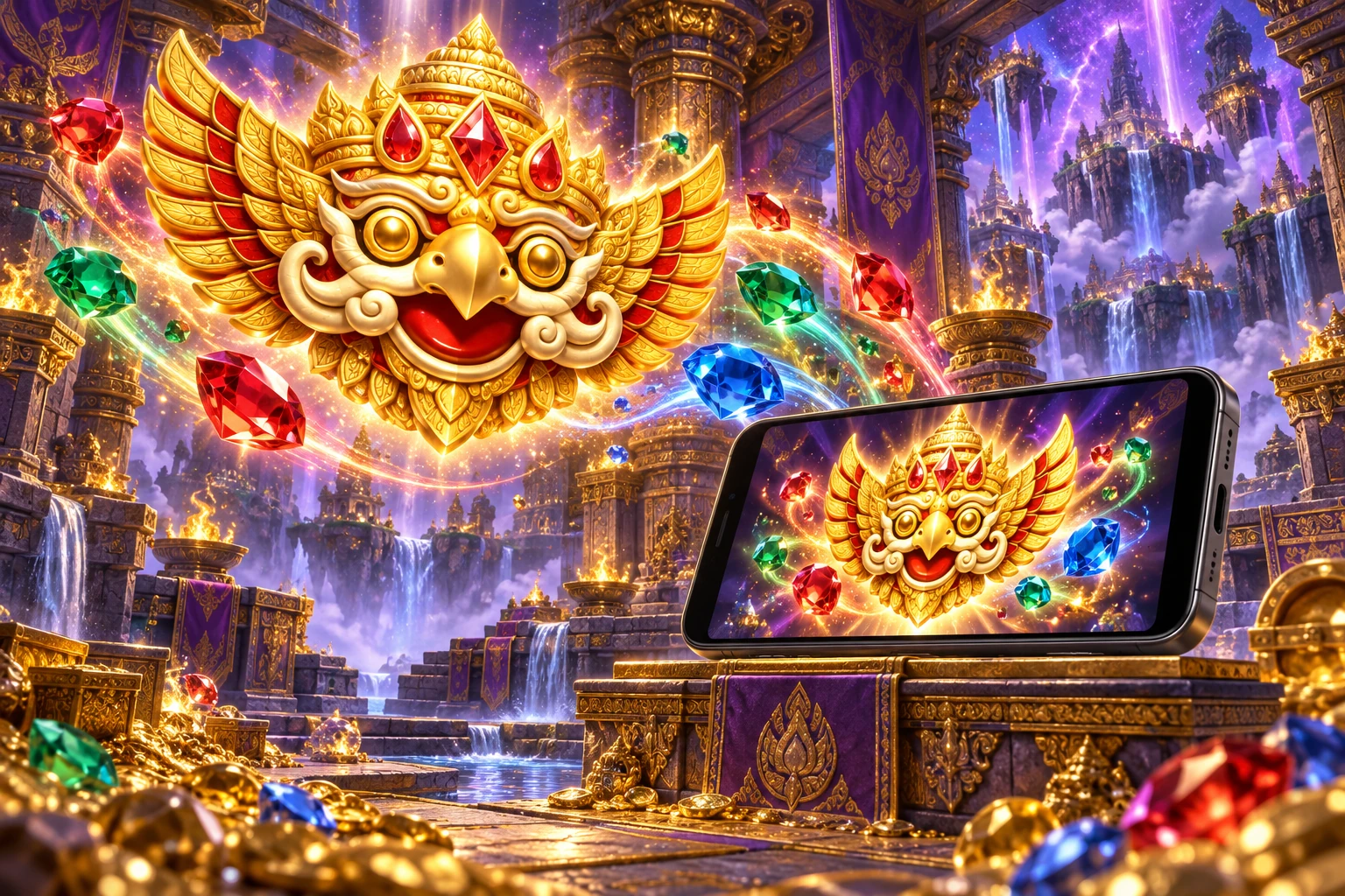 A horizontal phone presents original Fortune Gems amid violet temple arches and floating jewels.