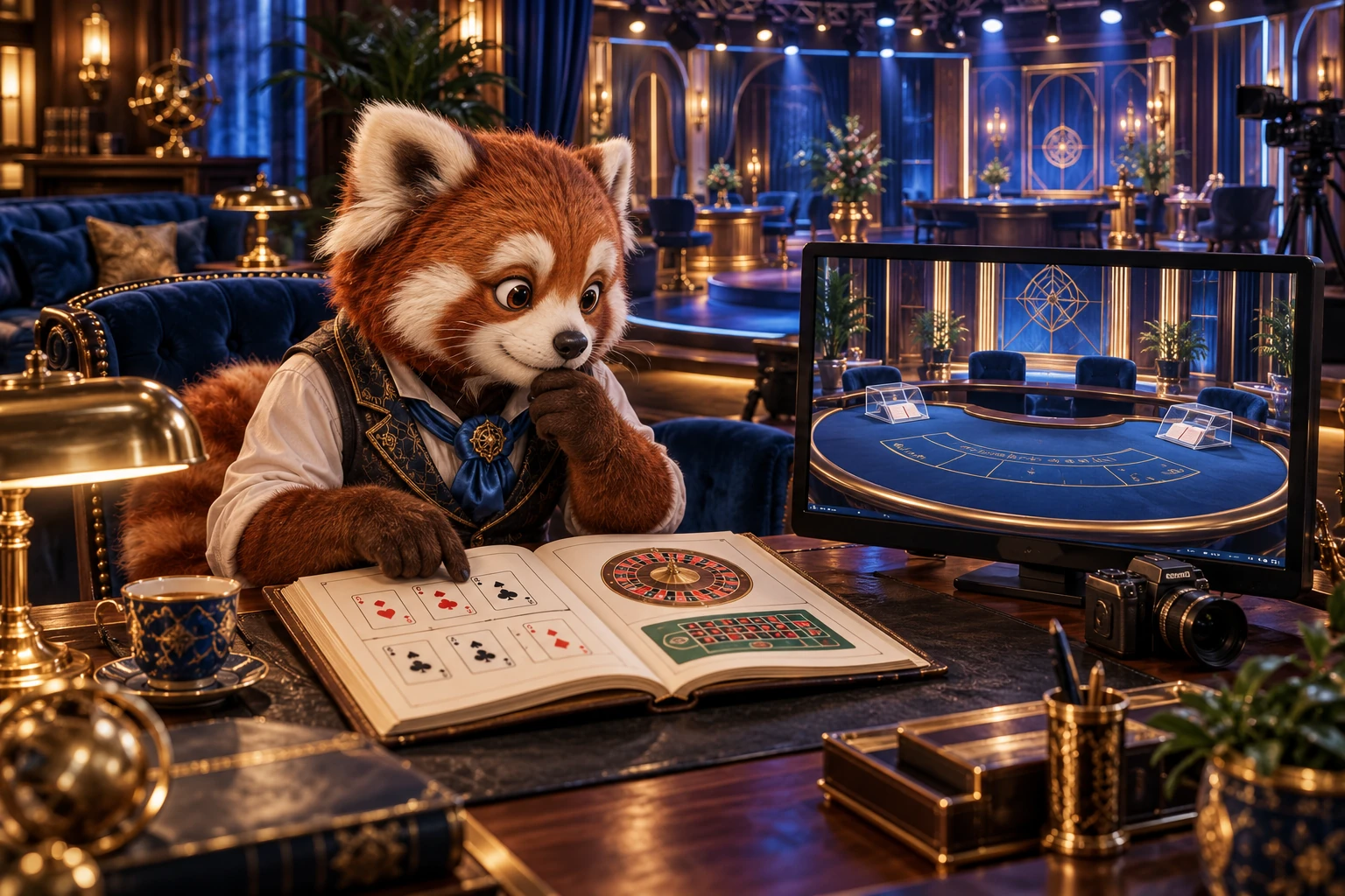 Nonhuman viewer studies a rules guide beside a live table preview.