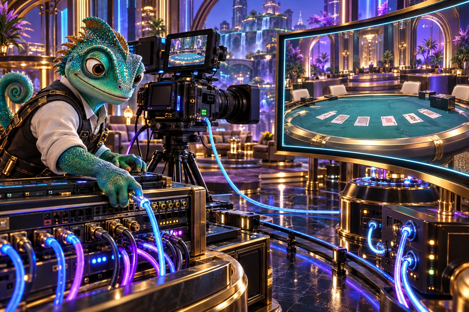 Creature technician connects a studio camera and live table preview through a network console.