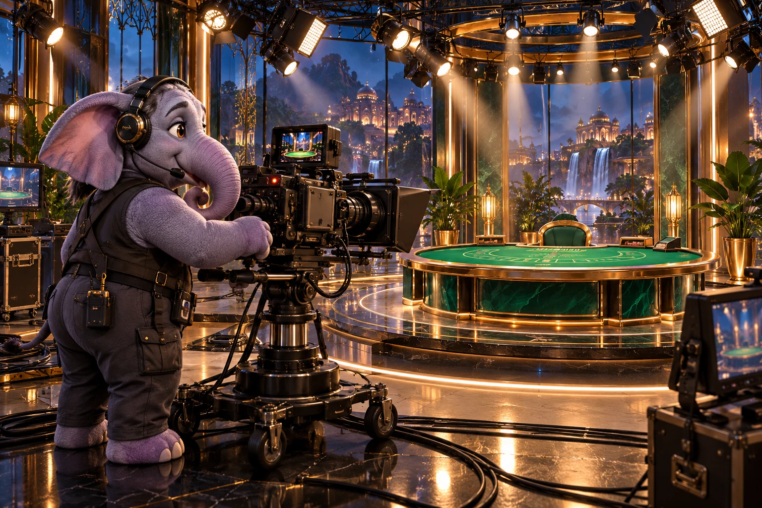 Nonhuman camera technician filming an empty live card table under stage lights.