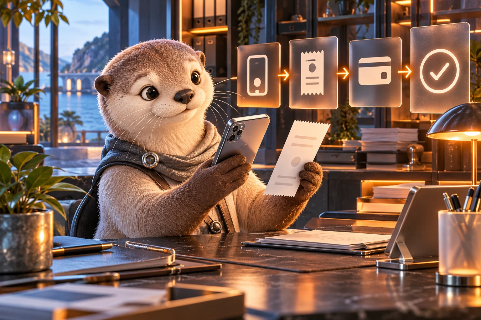 An otter compares a phone and abstract receipt in a payment tutorial scene.