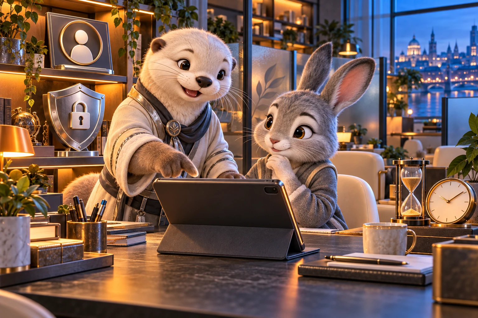An otter helps a rabbit with account security and time controls.
