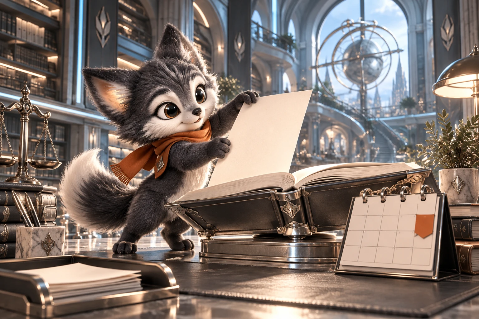 A creature editor adds a new page to a privacy policy book beside a calendar.
