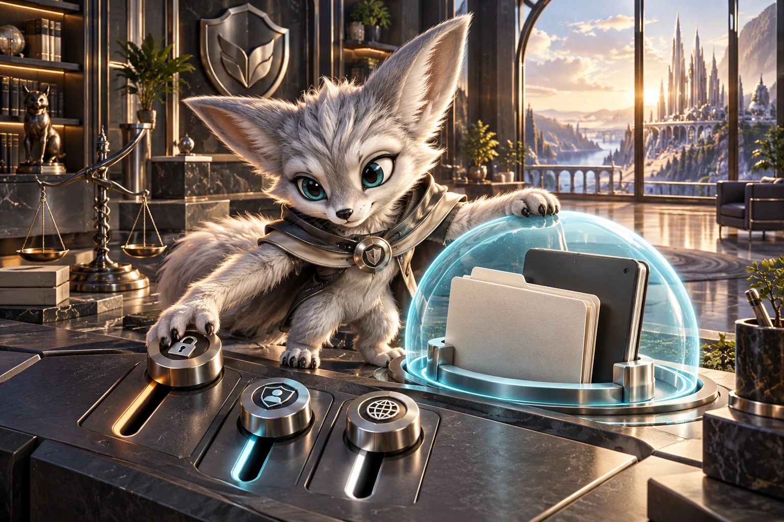 A creature adjusts sculptural privacy controls to protect a document folder and device.