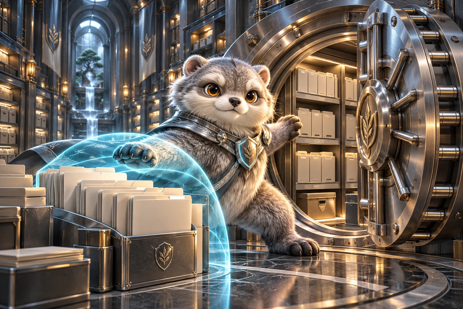 A silver-gray guardian creature protects personal documents inside a secure archive vault.