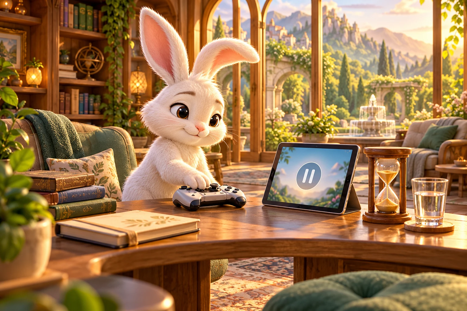 A thoughtful ivory rabbit sets aside a gamepad for a healthy break in a sunlit reading lounge, with a pause tablet, hourglass, and glass of water.