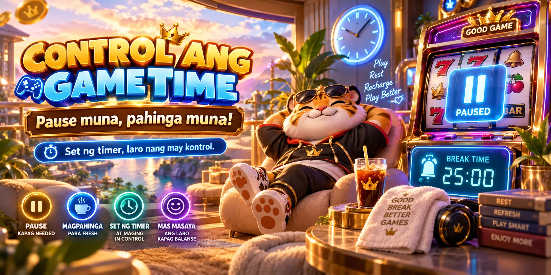 Control Ang Gametime: paused slot machine, break timer and resting raccoon with Taglish reminders