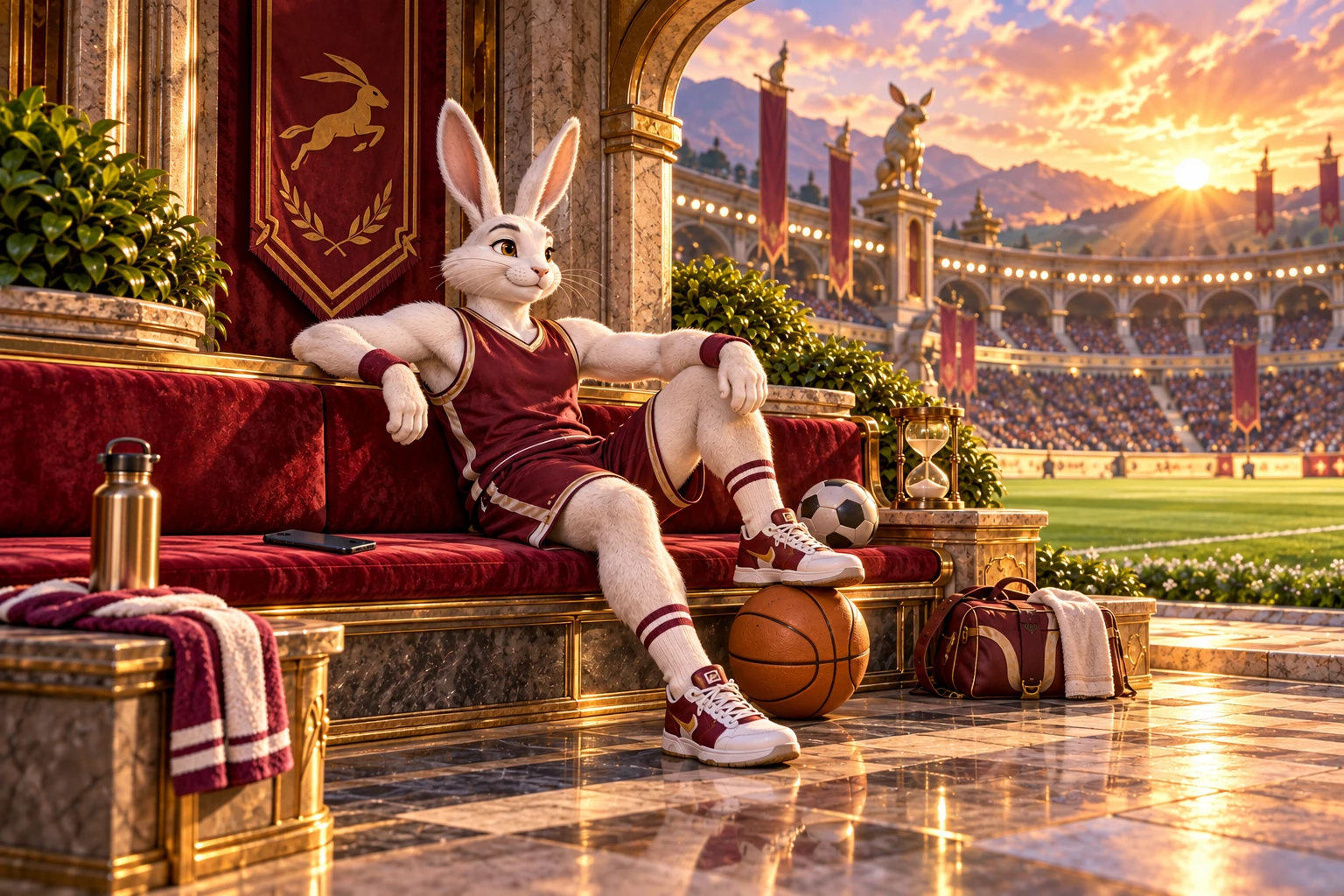 Rabbit athlete puts a phone aside and rests beside sports balls and a sand timer.