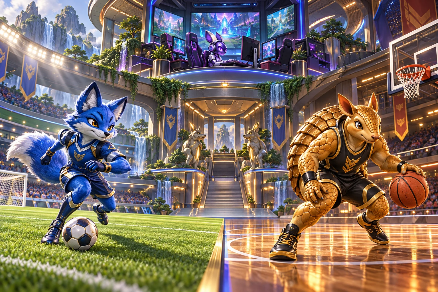 Grand sports hub with football, basketball, and esports zones.