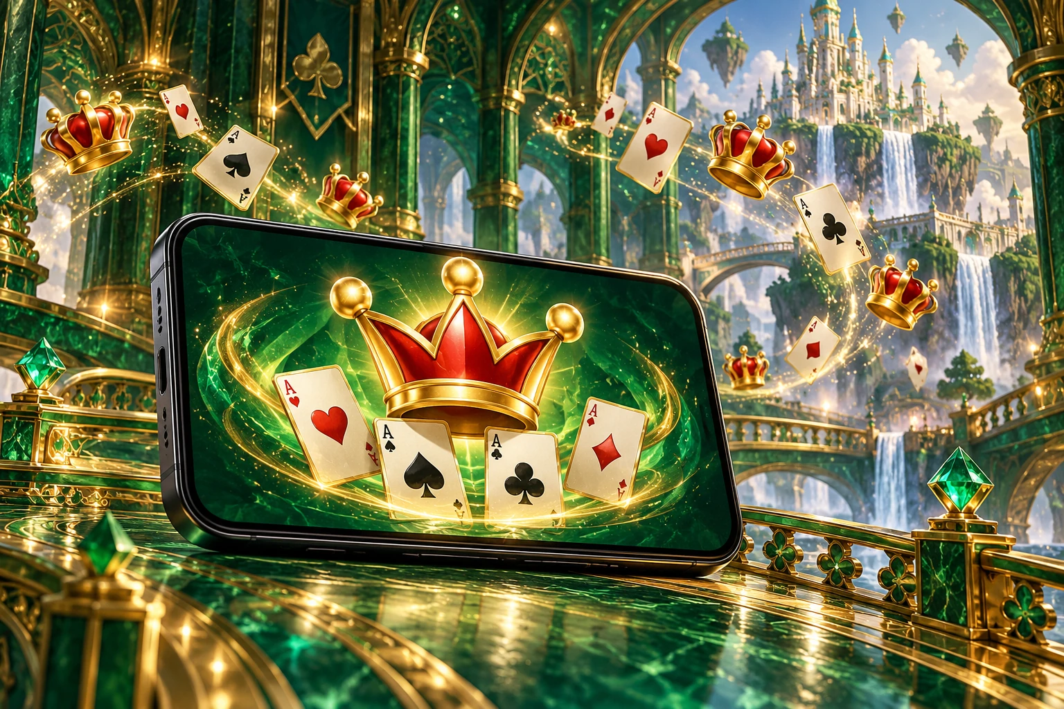 A horizontal phone displays Super Ace crowns and ace symbols in a luminous emerald gallery.