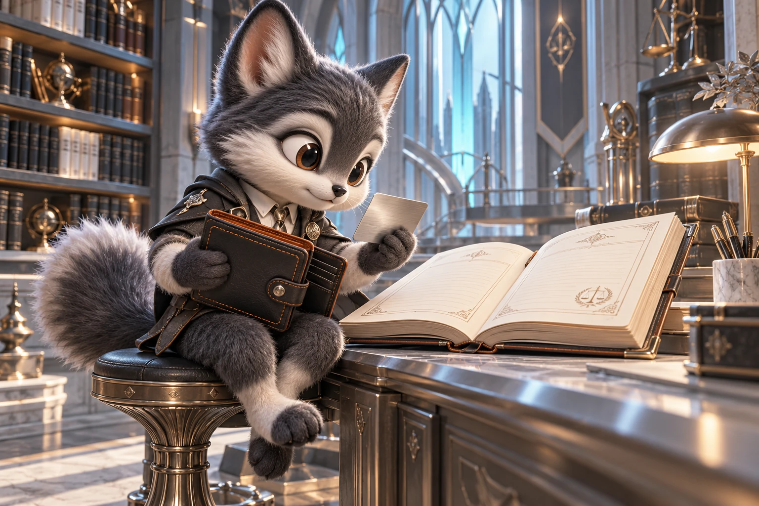 A creature checks an account card, wallet and service rules at an archive desk.