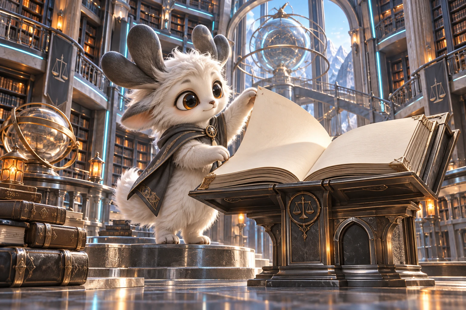 A curious creature opens a large rules book in an impressive modern library.