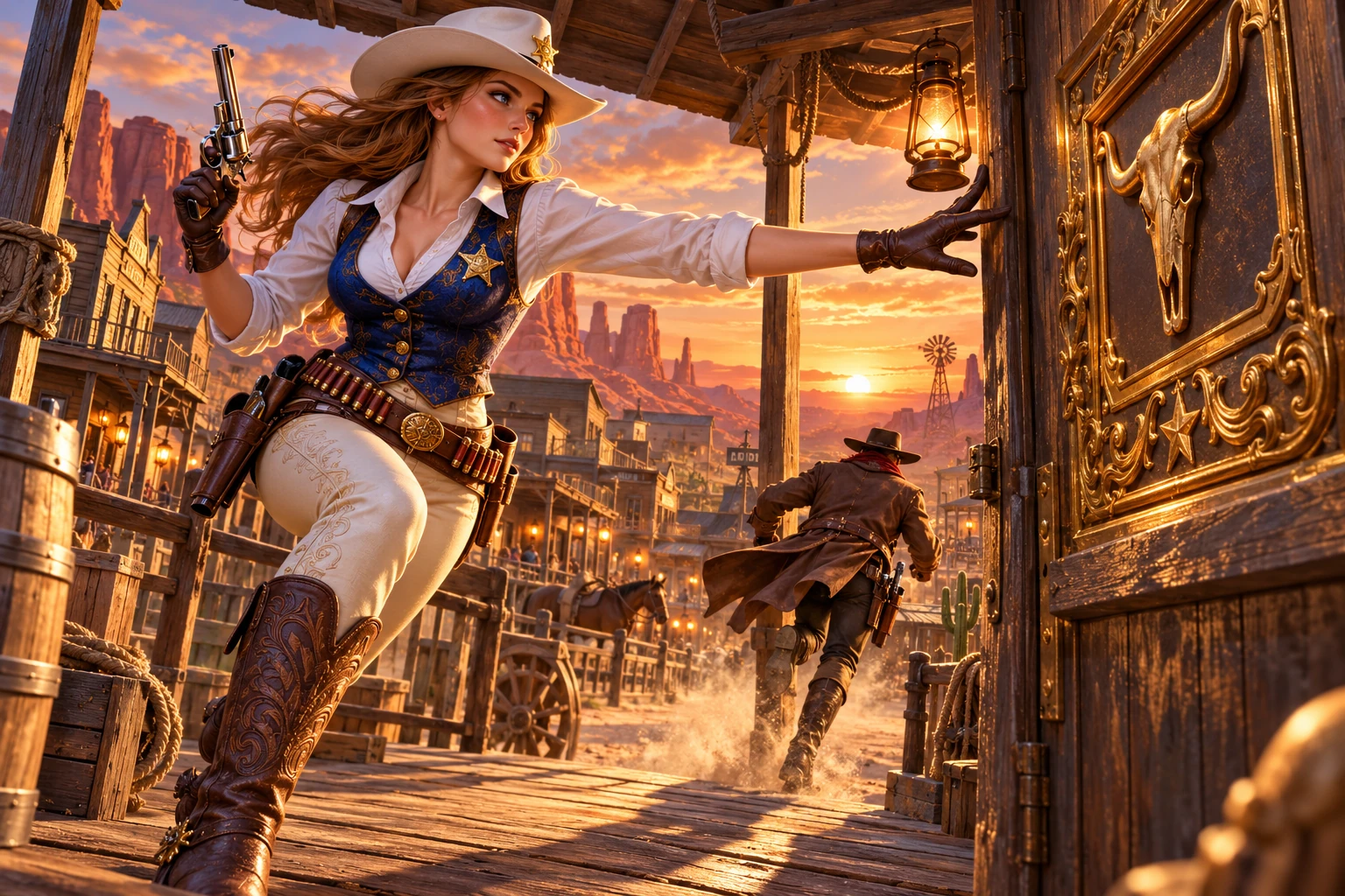 Wild Bounty Showdown's adult sheriff moves through a frontier street framed by ornate gold motifs.